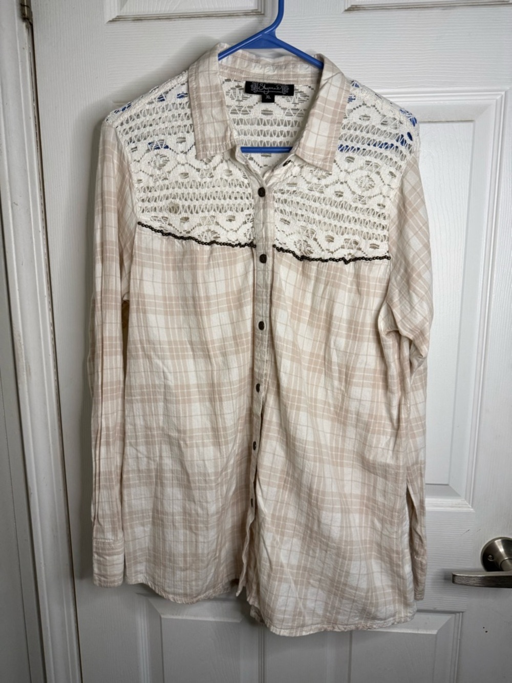 Shyanne Cream and Beige Plaid Button-Up Shirt with Lace Yoke